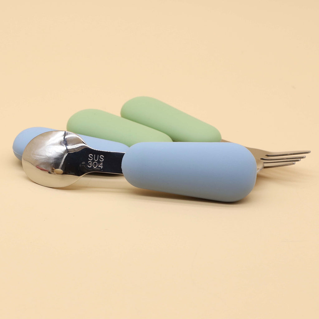 Cuillère et fourchette en acier inoxydable 304 avec manche en silicone, pour bébé