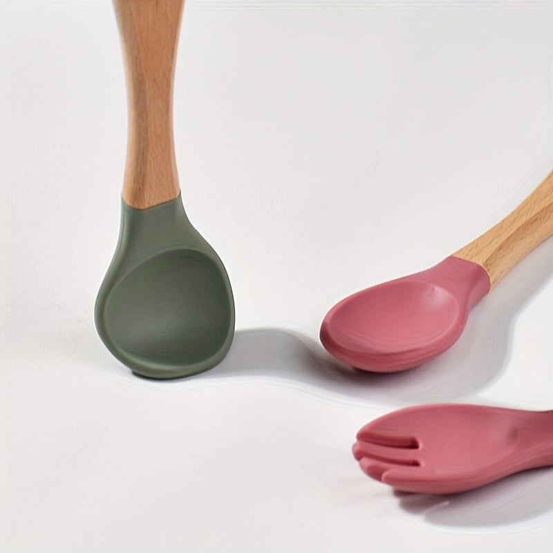 2 pièces ensemble de vaisselle pour bébé en silicone alimentaire avec ventouse, cuillère complémentaire à manche en bois