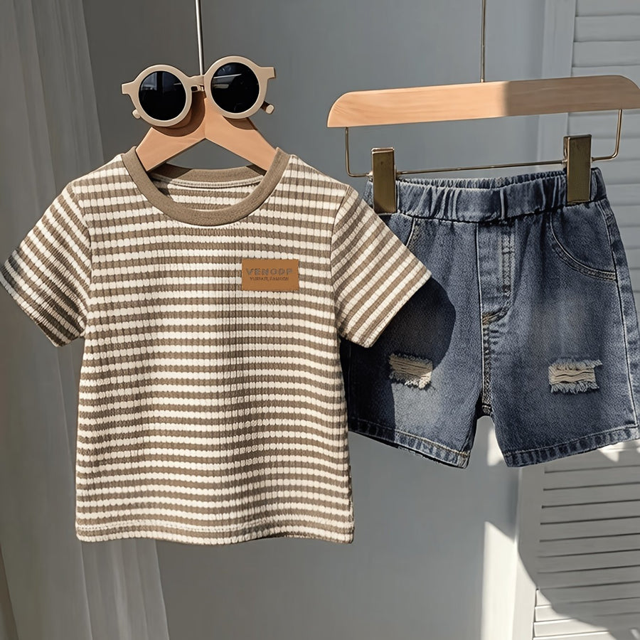 T-shirt col rond jacquard à blocs de couleur pour garçons été et short — Monptitlou