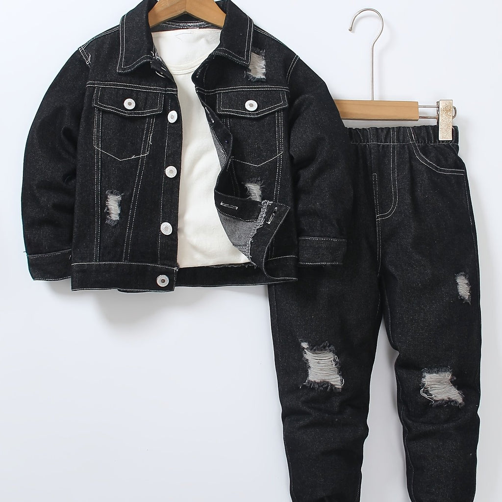 Ensemble Jeans à Manches Longues et Taille Élastique Déchiré pour — Monptitlou