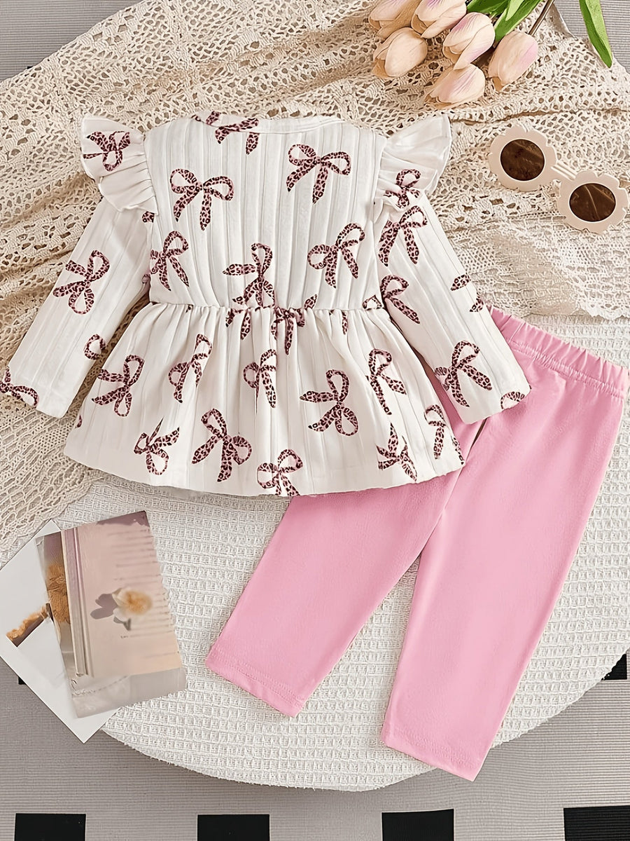 Ensemble 2 pièces pour nouveau-née : nœud, imprimé léopard, col rond, manches longes + pantalon décontracté à taille éla
