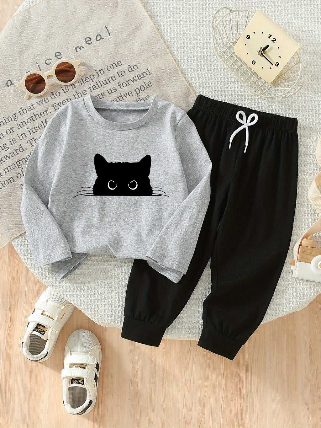 Ensemble 2 pièces printemps/automne pour garçons, imprimé chat noir — Monptitlou
