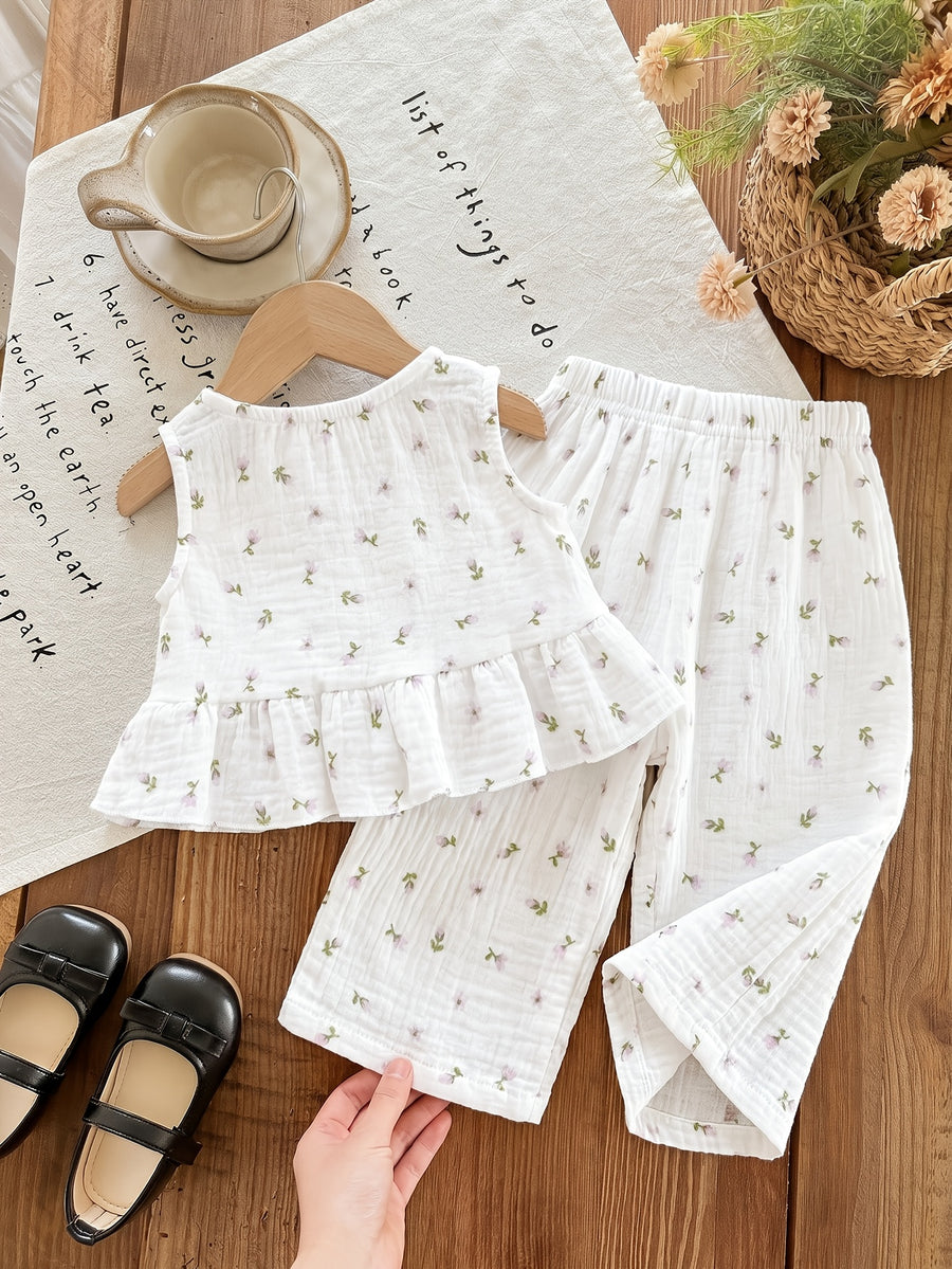 Motif floral petit, haut en dentelle et pantalon long ample pour bébé — Monptitlou
