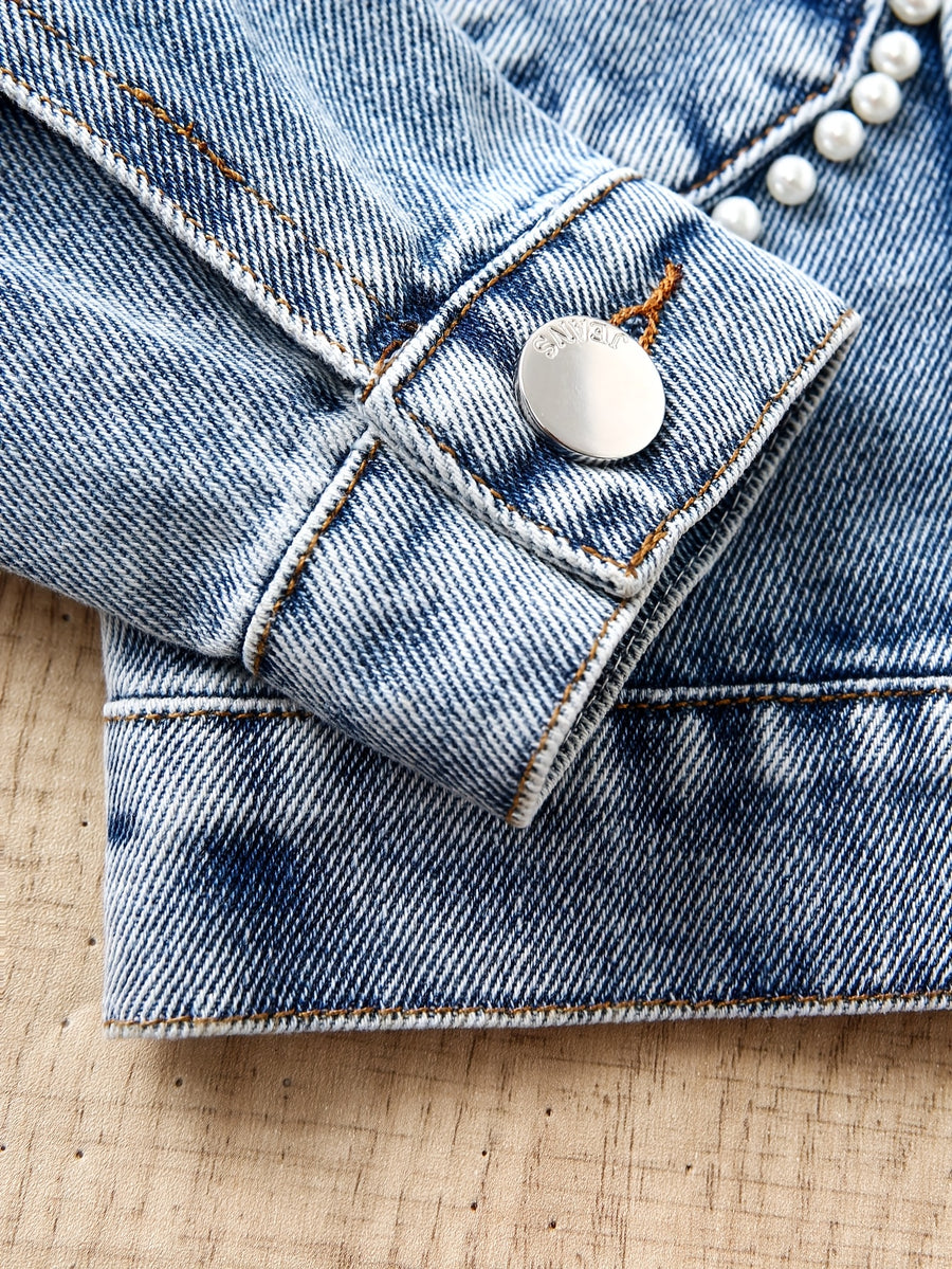 Veste en jean décontractée pour bébé fille, design cœur clouté, lavée — Monptitlou