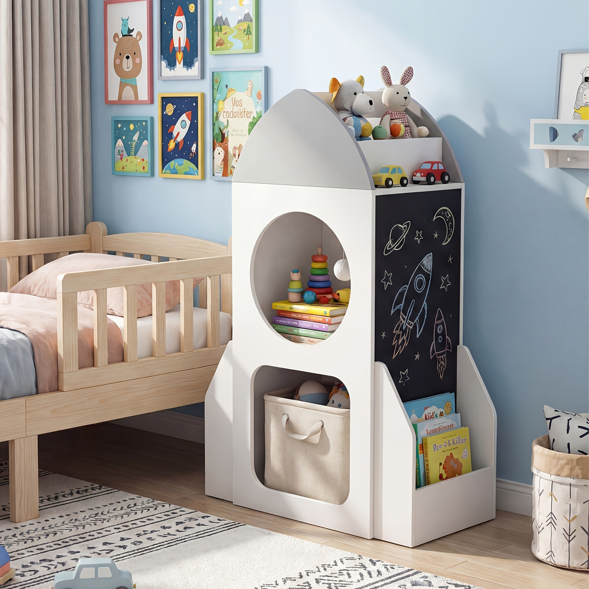 Bibliothèque pour enfants à 3 niveaux Rocket Space avec panneau tableau — Monptitlou Image