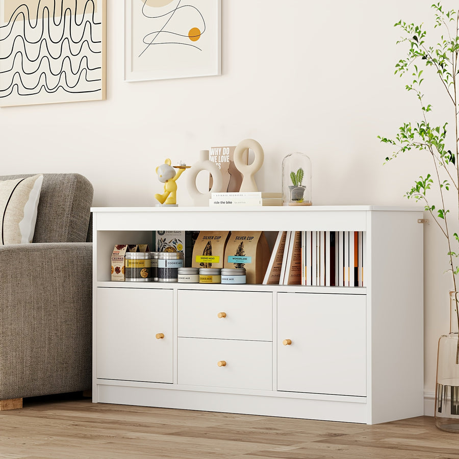 Meuble, Étagère en bois, Armoire avec 2 tiroirs et 2 portes — Monptitlou