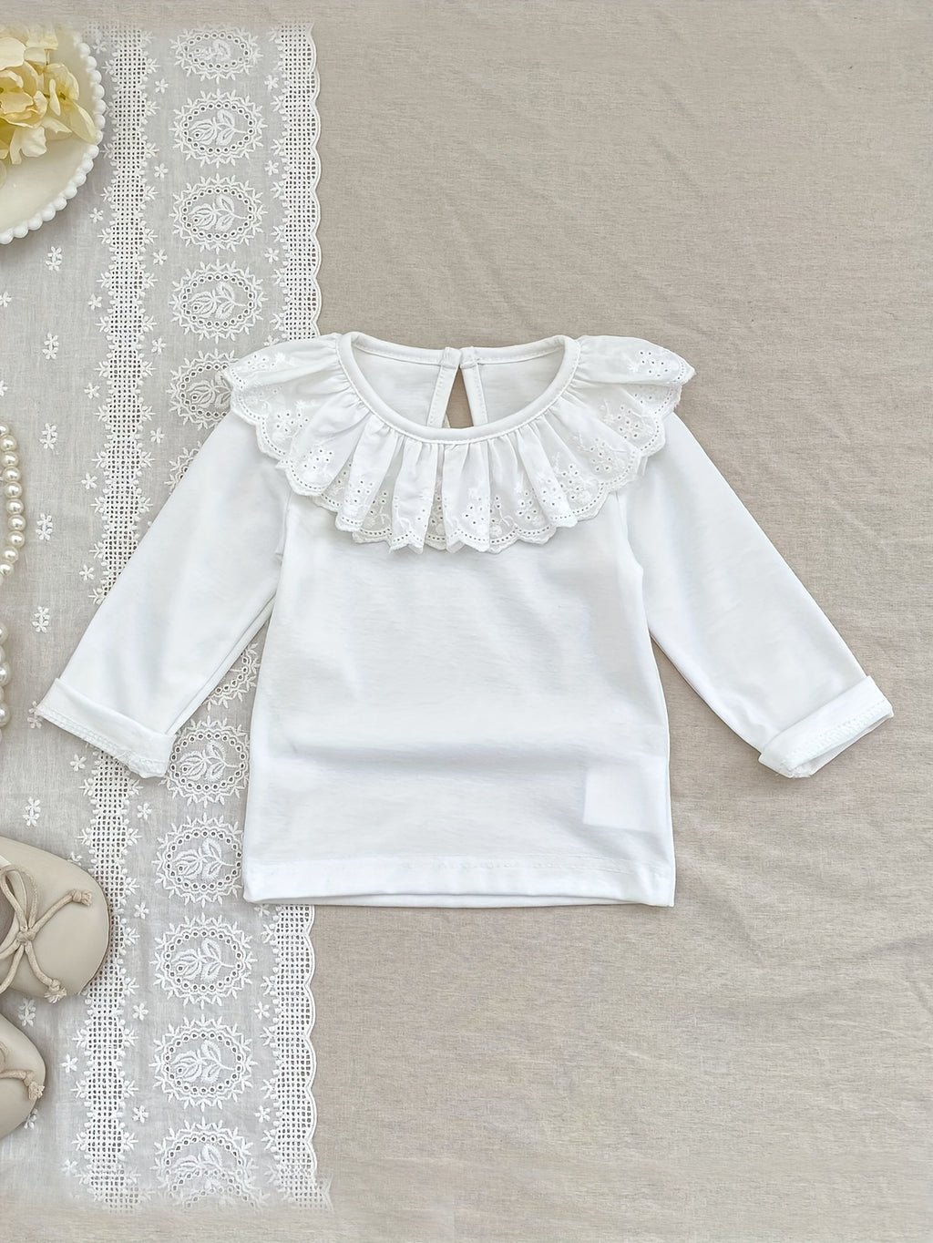 T-shirt pour filles à col dentelle unicolore — Monptitlou