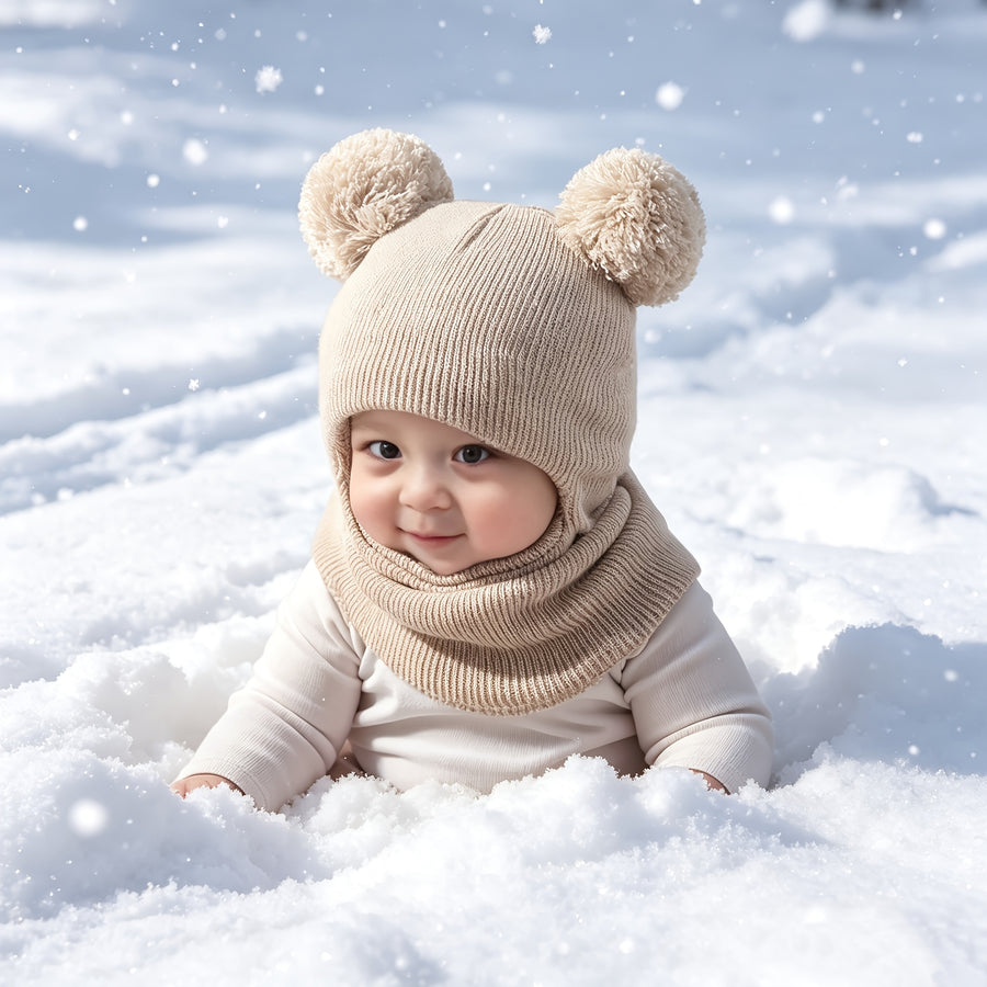 Bonnet Balaclava Confortable 0-3 Ans avec Pompon et Chauffe-Cou — Monptitlou