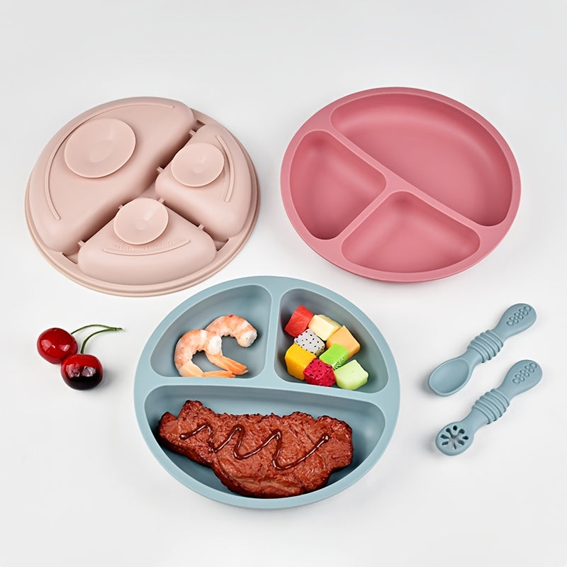 Ensemble de couverts en silicone alimentaire pour bébé - 3 pièces : assiette ronde, cuillère à fentes, cuillère à purée 