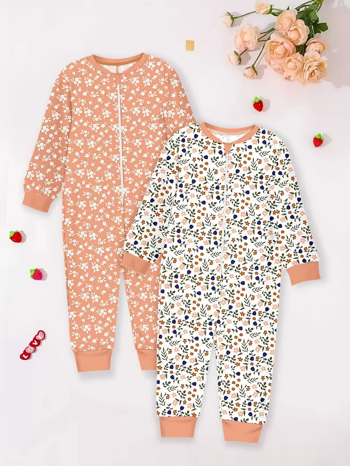 [Pyjama floral pour filles] 2 pcs Ensemble de pyjama salopette imprimé — Monptitlou Image