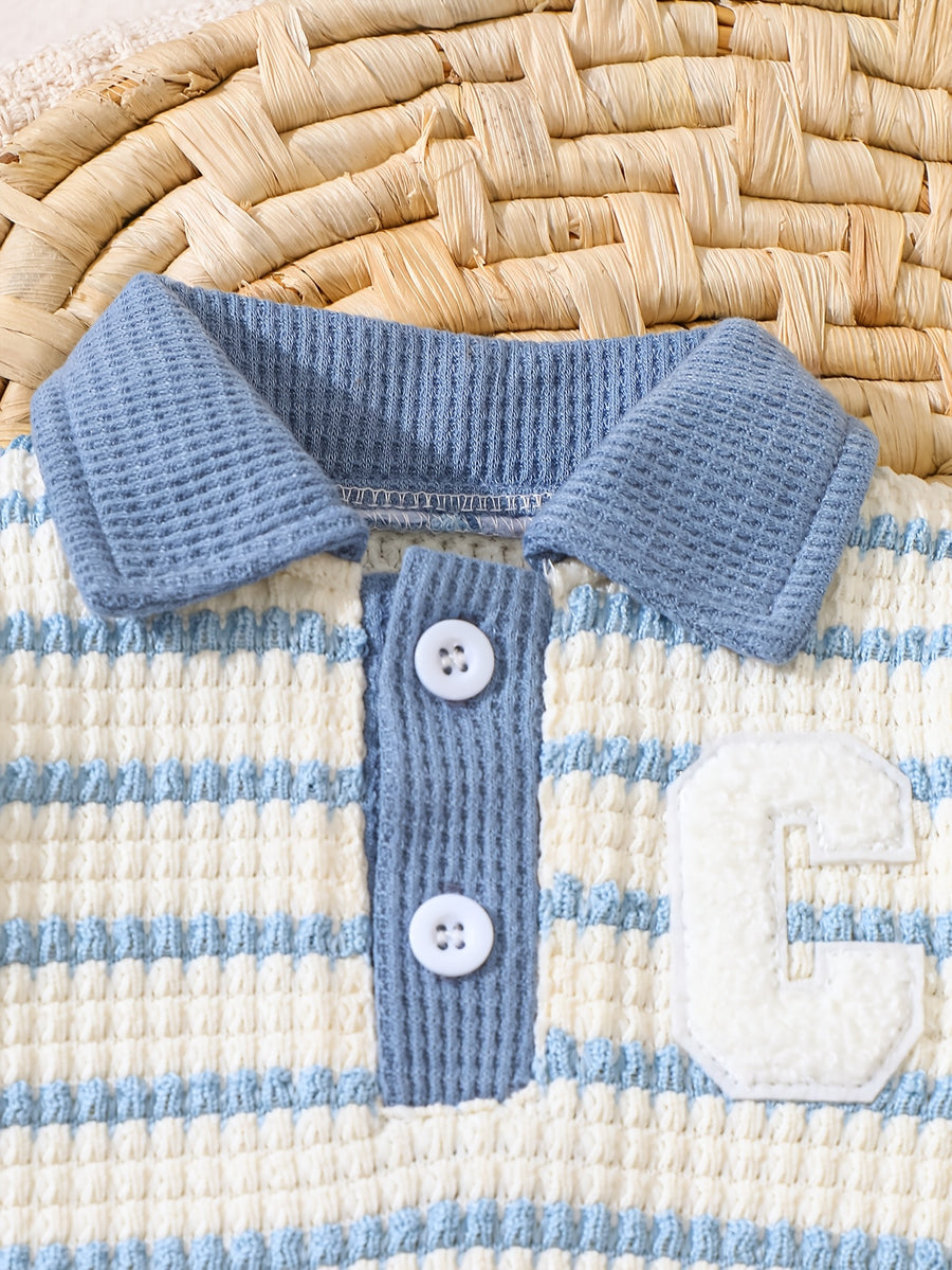 Pantalons polo à col pour bébé 0-1 an, bleu et blanc rayés — Monptitlou