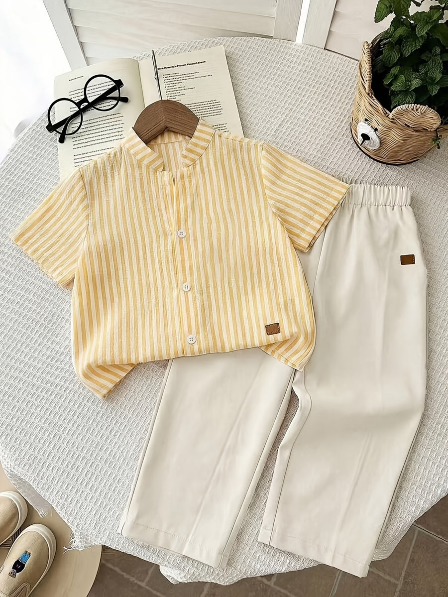 Ensemble 2 pièces 'S : Chemise décontractée à rayures et pantalon uni — Monptitlou