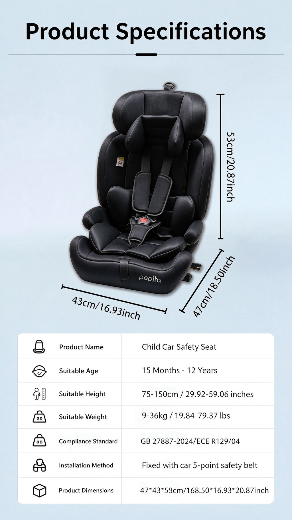 Siège auto I-Size 76-105 cm, ISOFIX et Top Tether