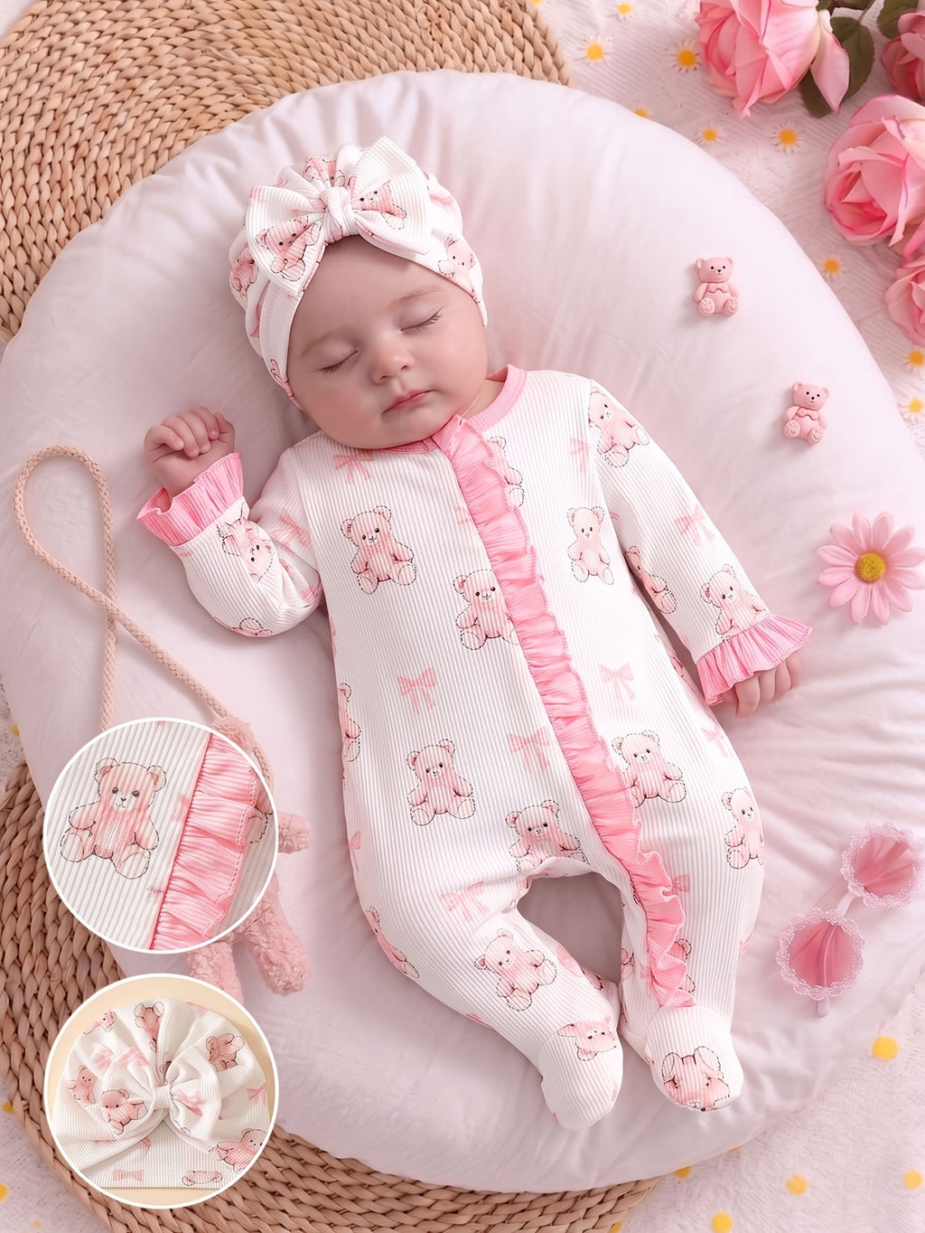 Body bébé fille imprimé ours avec pieds, assorti d'un chapeau nœud — Monptitlou