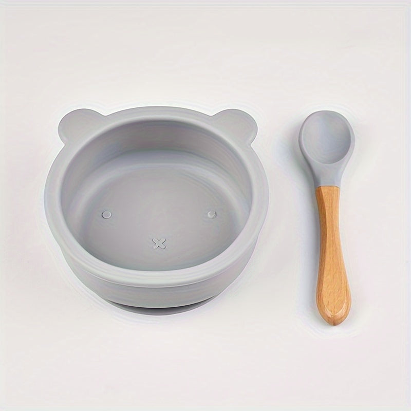 2 pièces ensemble de vaisselle pour bébé en silicone alimentaire avec ventouse, cuillère complémentaire à manche en bois