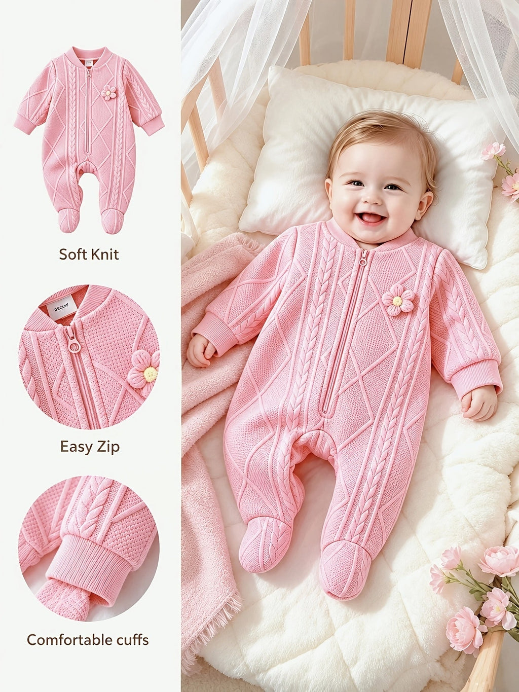 Combinaison bébé à fermeture éclair, tissu jacquard à motif fleurs 3D — Monptitlou
