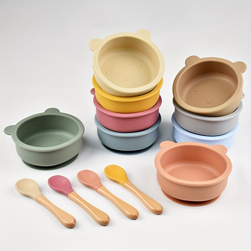 2 pièces ensemble de vaisselle pour bébé en silicone alimentaire avec ventouse, cuillère complémentaire à manche en bois