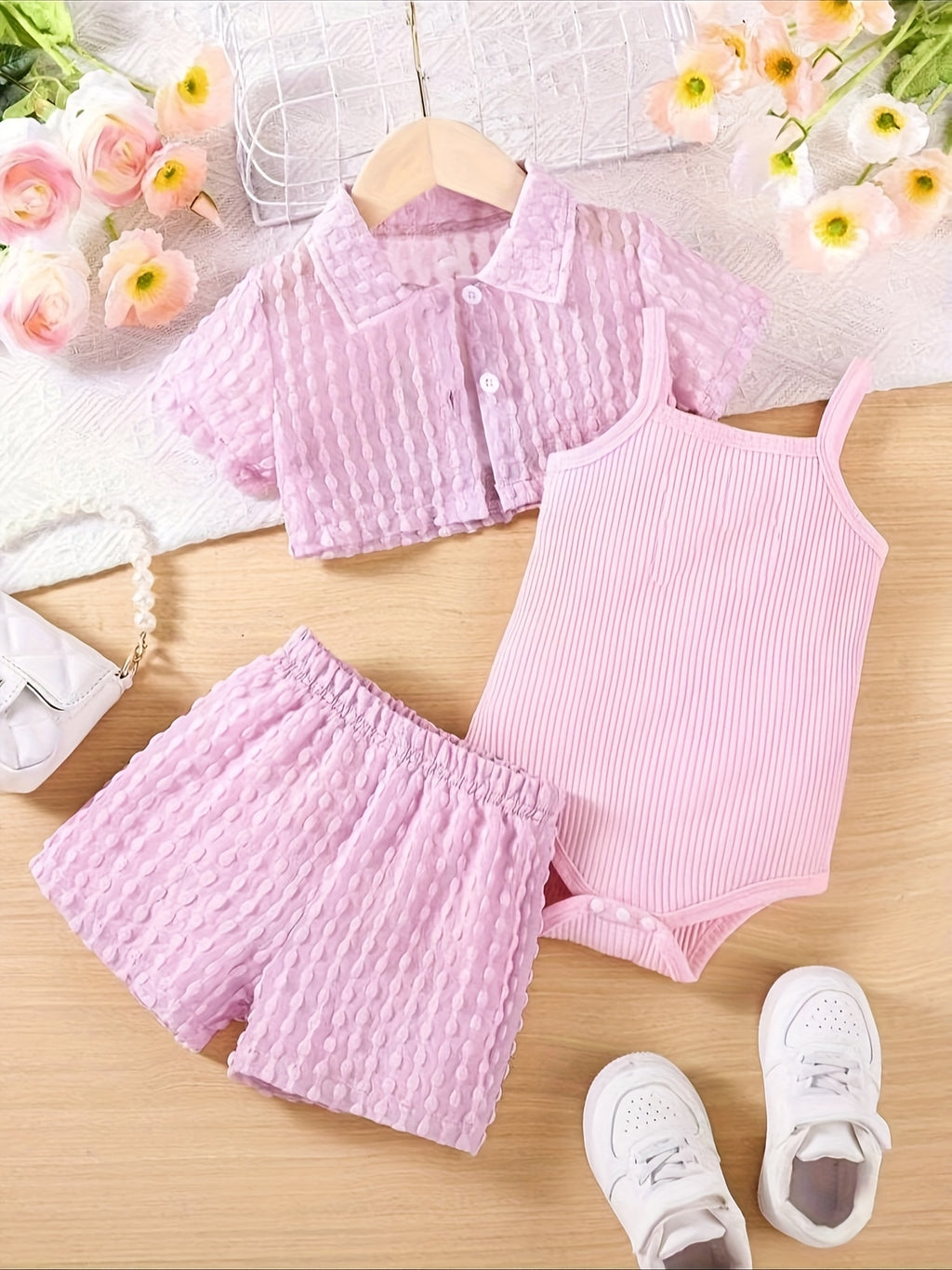Ensemble 3 pièces pour bébé fille : barboteuse à bretelles — Monptitlou