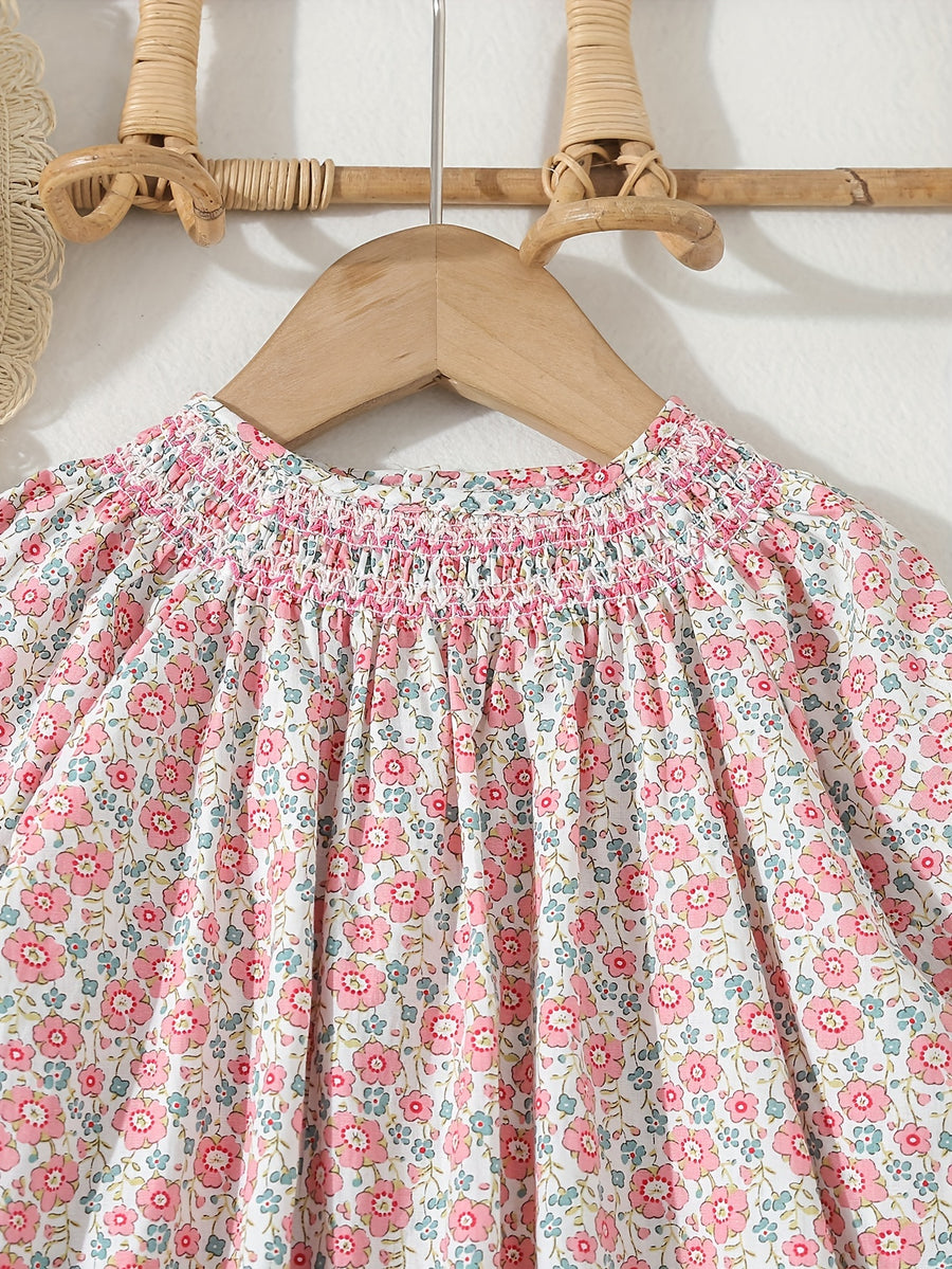 Chemise fille à manches longues - motif imprimé - taille smocked — Monptitlou
