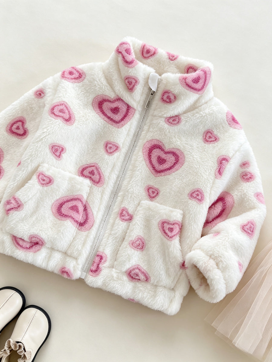 Veste à Revers en Molleton Corail Cœur Rose pour Fille — Monptitlou