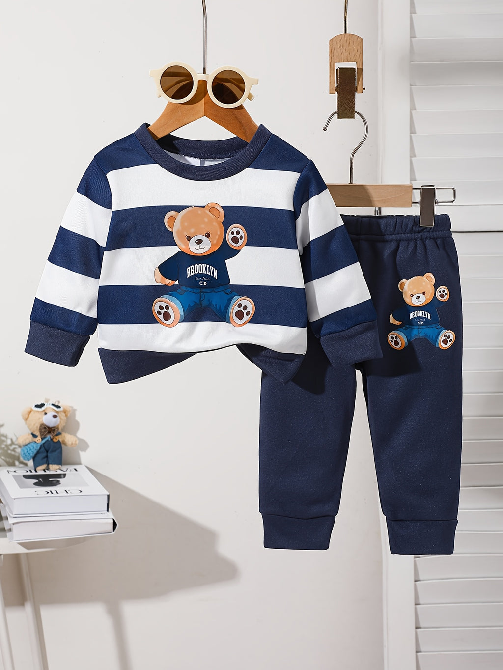 Ensemble sweat à manches longues en polaire imprimé ours cartoon rayé