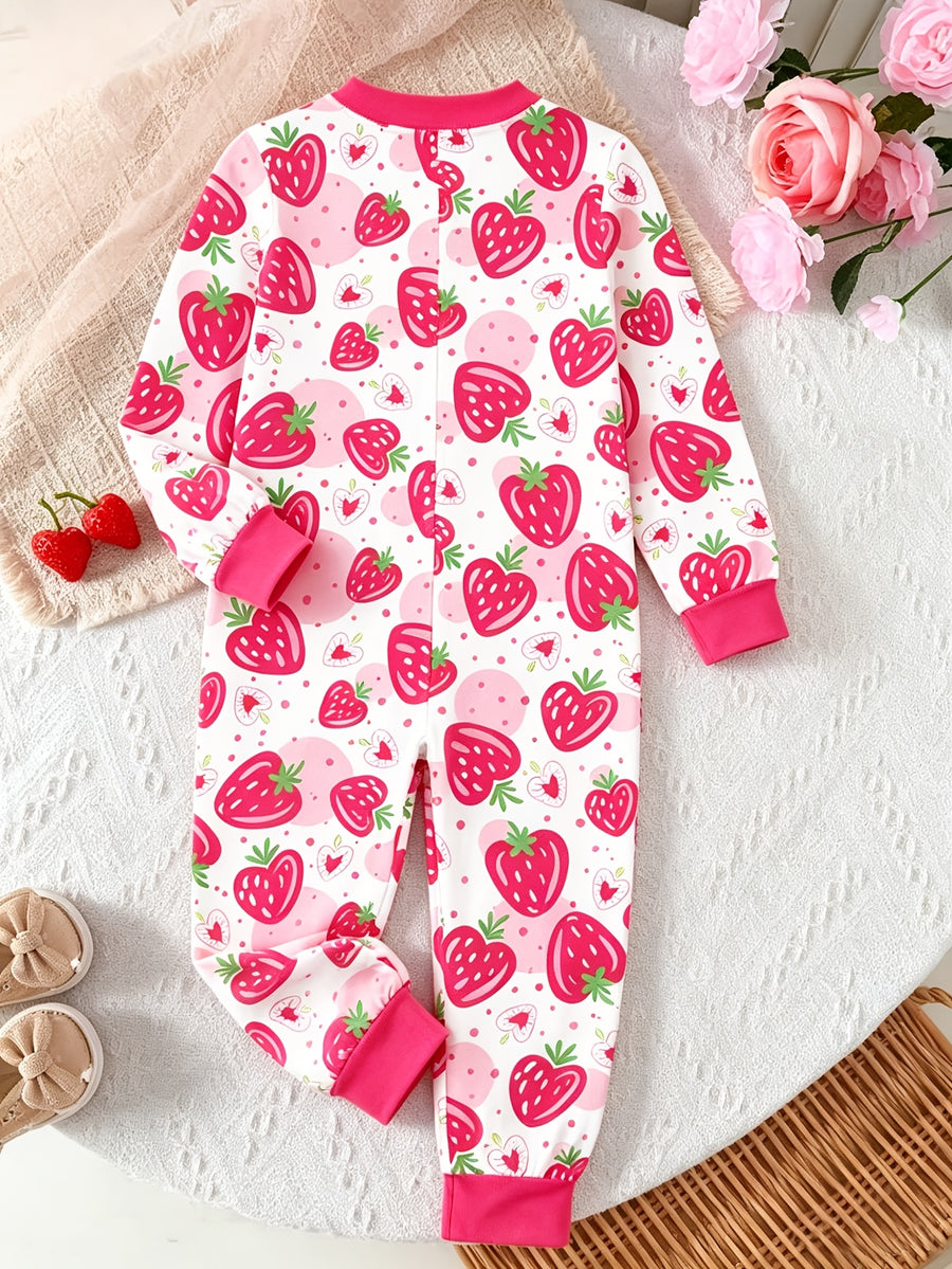 [Imprimé fraise rose rouge] Combinaison à fermeture éclair imprimée — Monptitlou