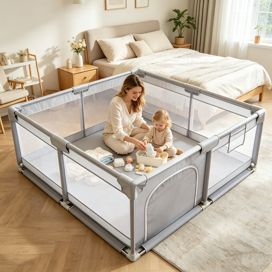 Barrière bébé surdimensionnée grise, filet souple et respirant — Monptitlou