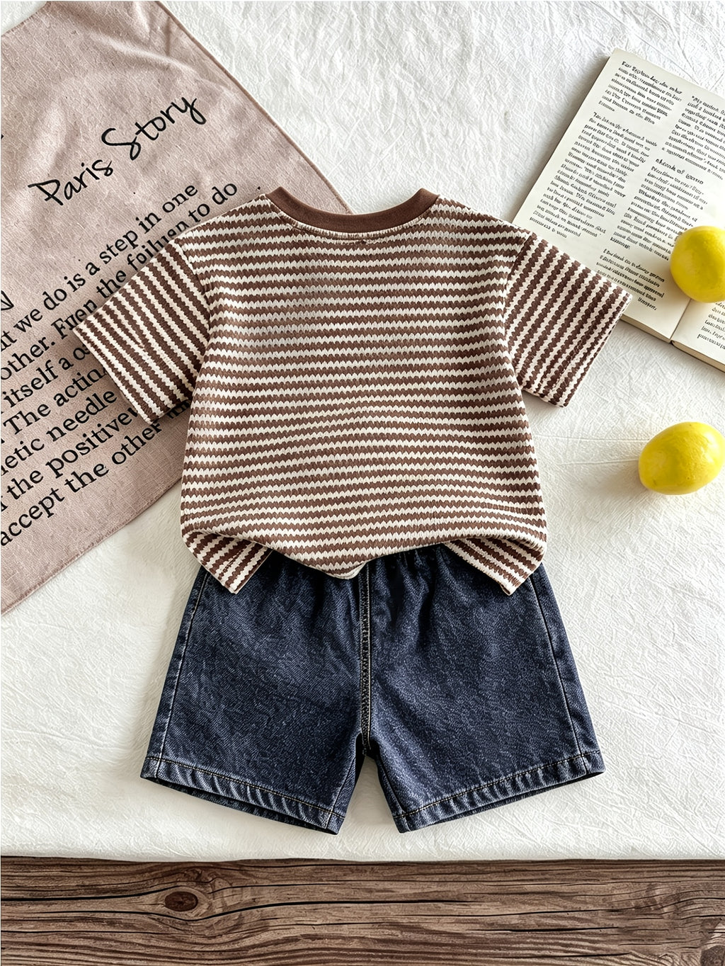 T-shirt col rond jacquard à blocs de couleur pour garçons été et short
