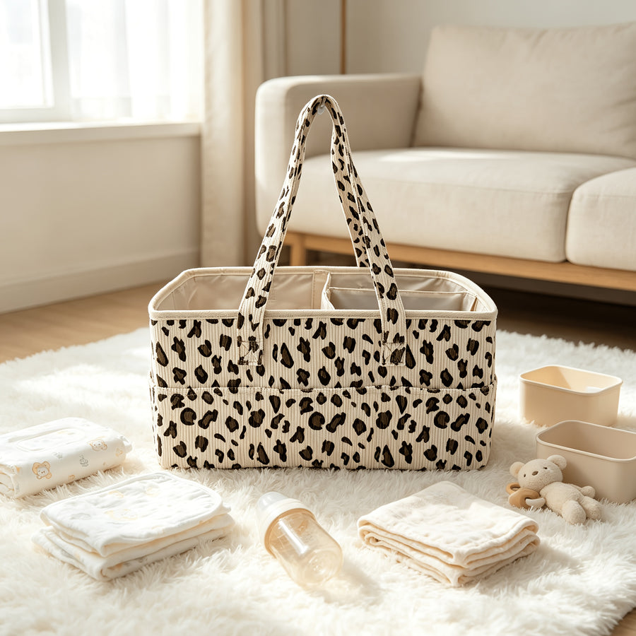 1 panier de rangement pour bébé en velours côtelé à motif léopard — Monptitlou