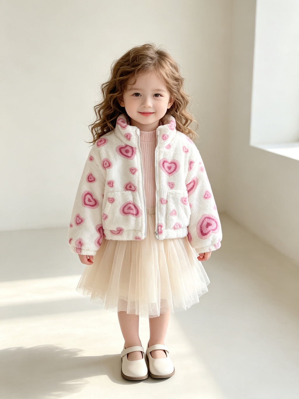Veste à Revers en Molleton Corail Cœur Rose pour Fille — Monptitlou