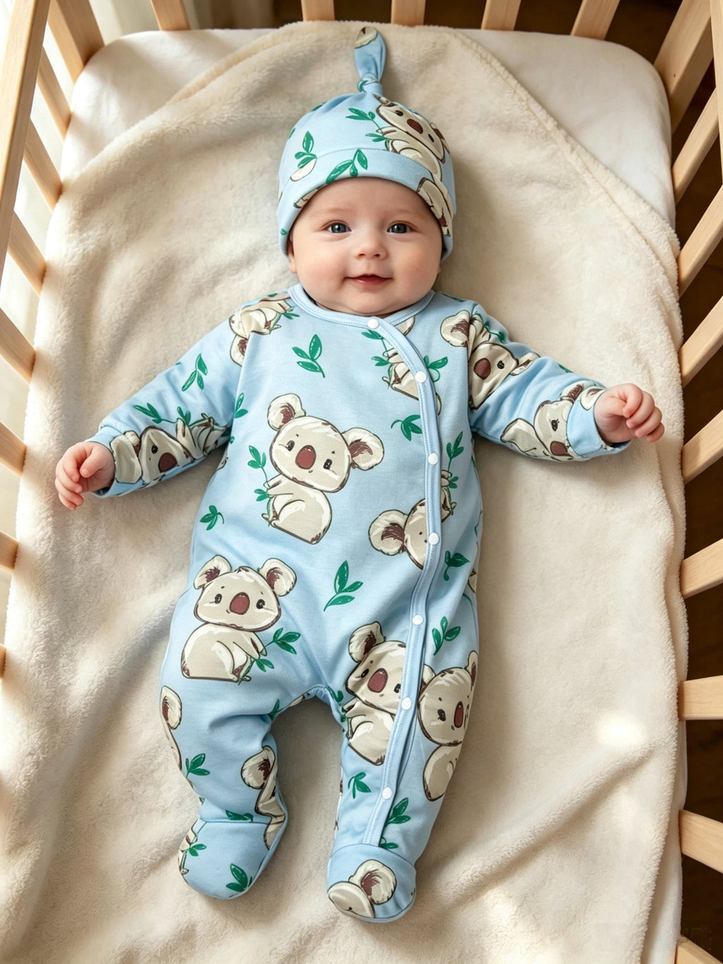 Combinaison bébé pieds doux koala feuille verte unisexe 0-9 mois ensemble body et bonnet pour extérieur