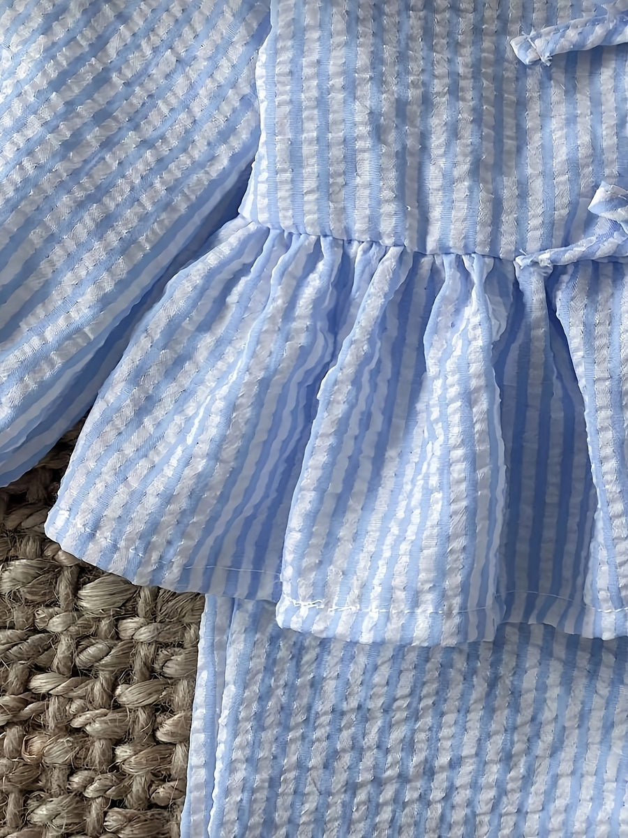 Ensemble haut à manches longues avec nœud et pantalon à rayures bleues — Monptitlou