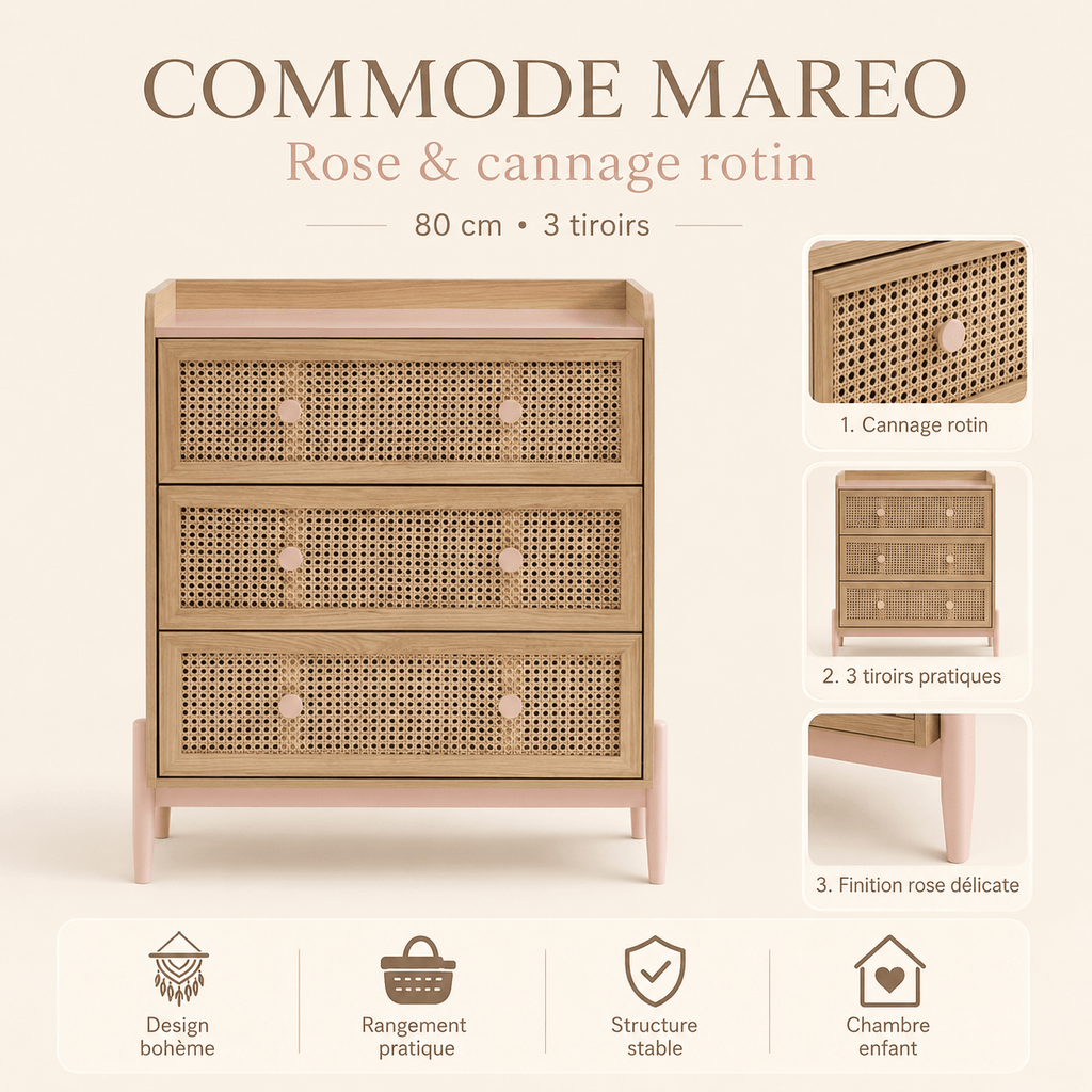 Commode enfant MAREO 80 cm rose pastel et effet chêne avec cannage — Monptitlou