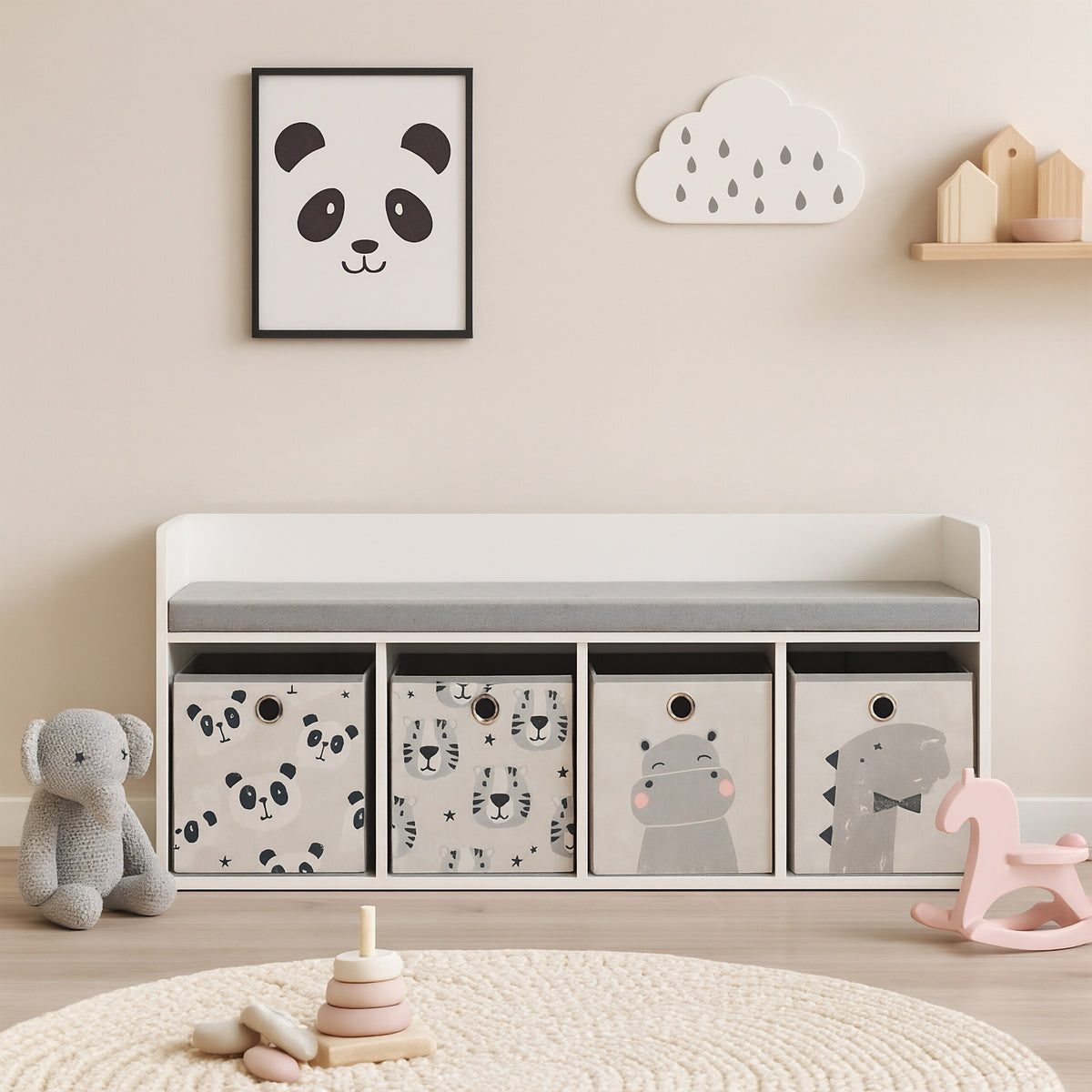 Banc pour Enfants en Gris/Blanc - (L) 142 x (H) 54 x (P) 32 cm — Monptitlou Image