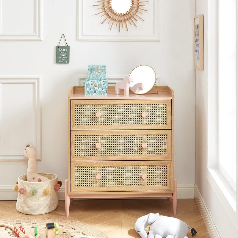 Commode enfant MAREO 80 cm rose pastel et effet chêne avec cannage — Monptitlou