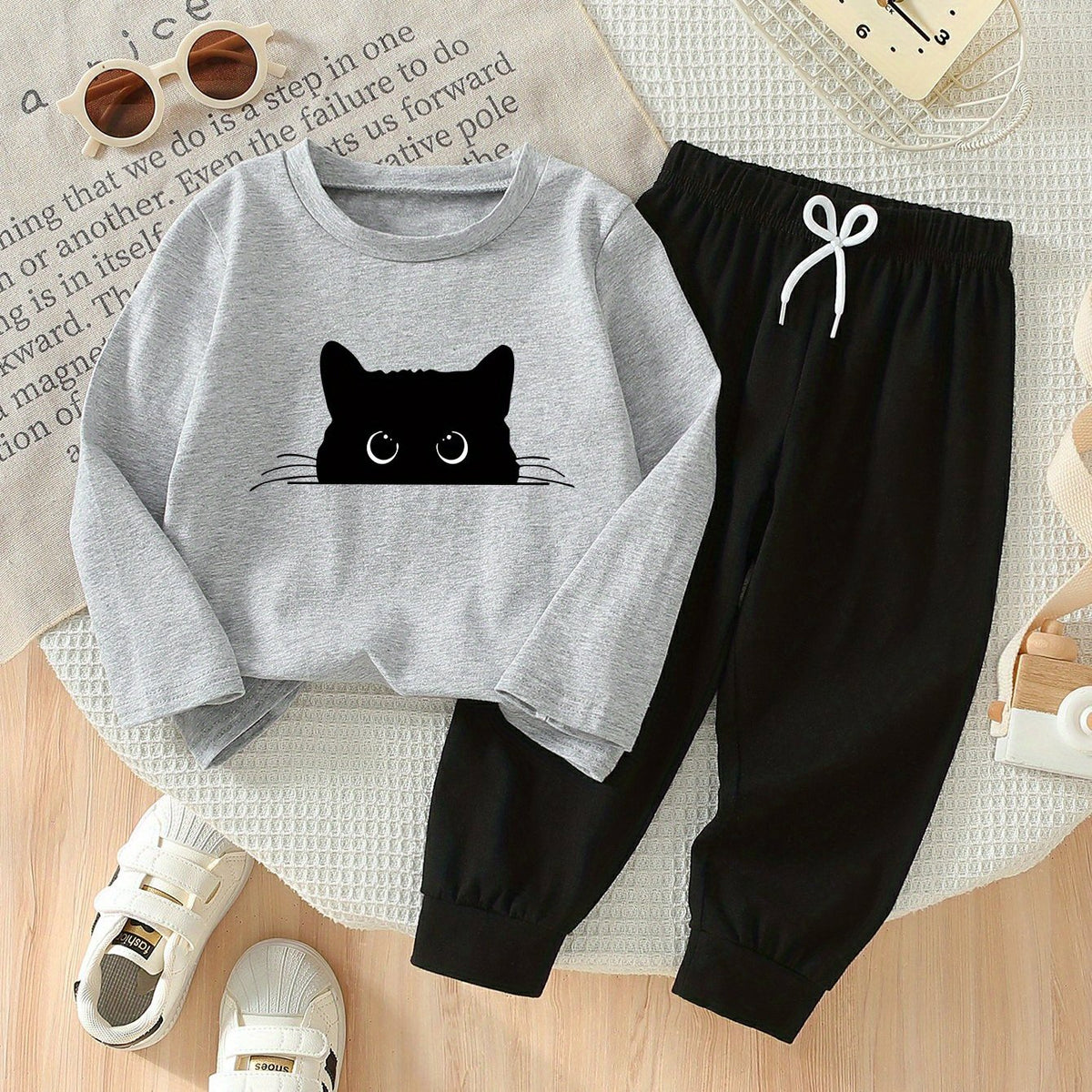 Ensemble 2 pièces printemps/automne pour garçons, imprimé chat noir — Monptitlou Image
