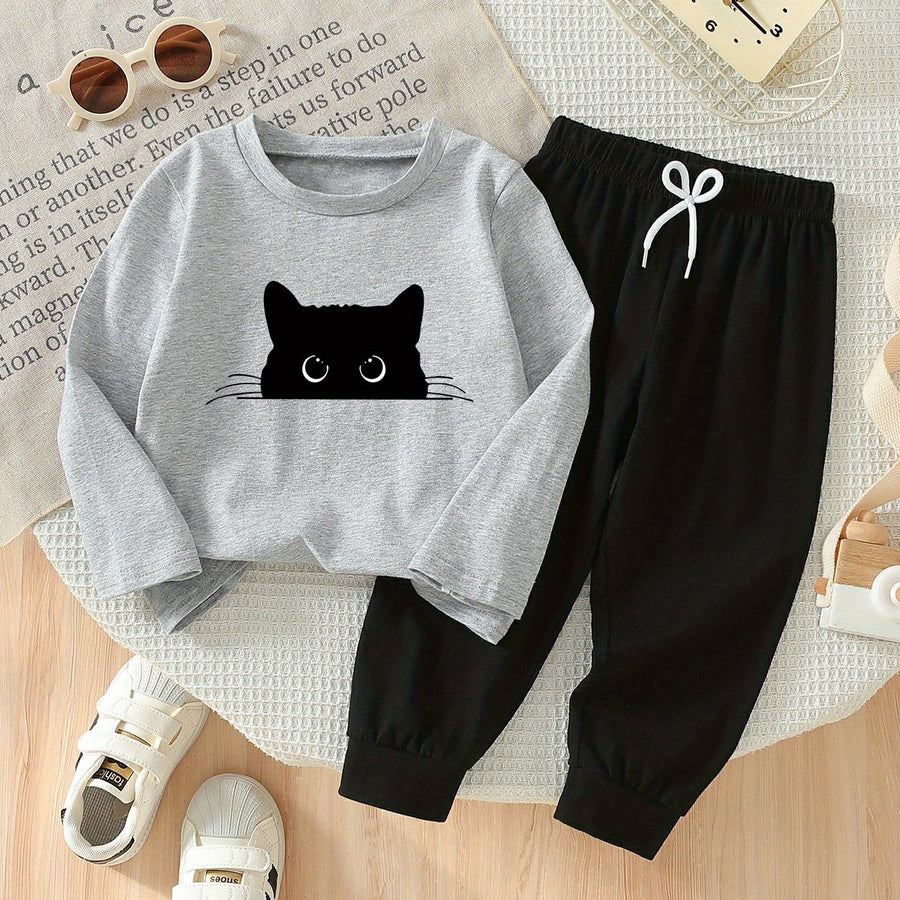 Ensemble 2 pièces printemps/automne pour garçons, imprimé chat noir — Monptitlou