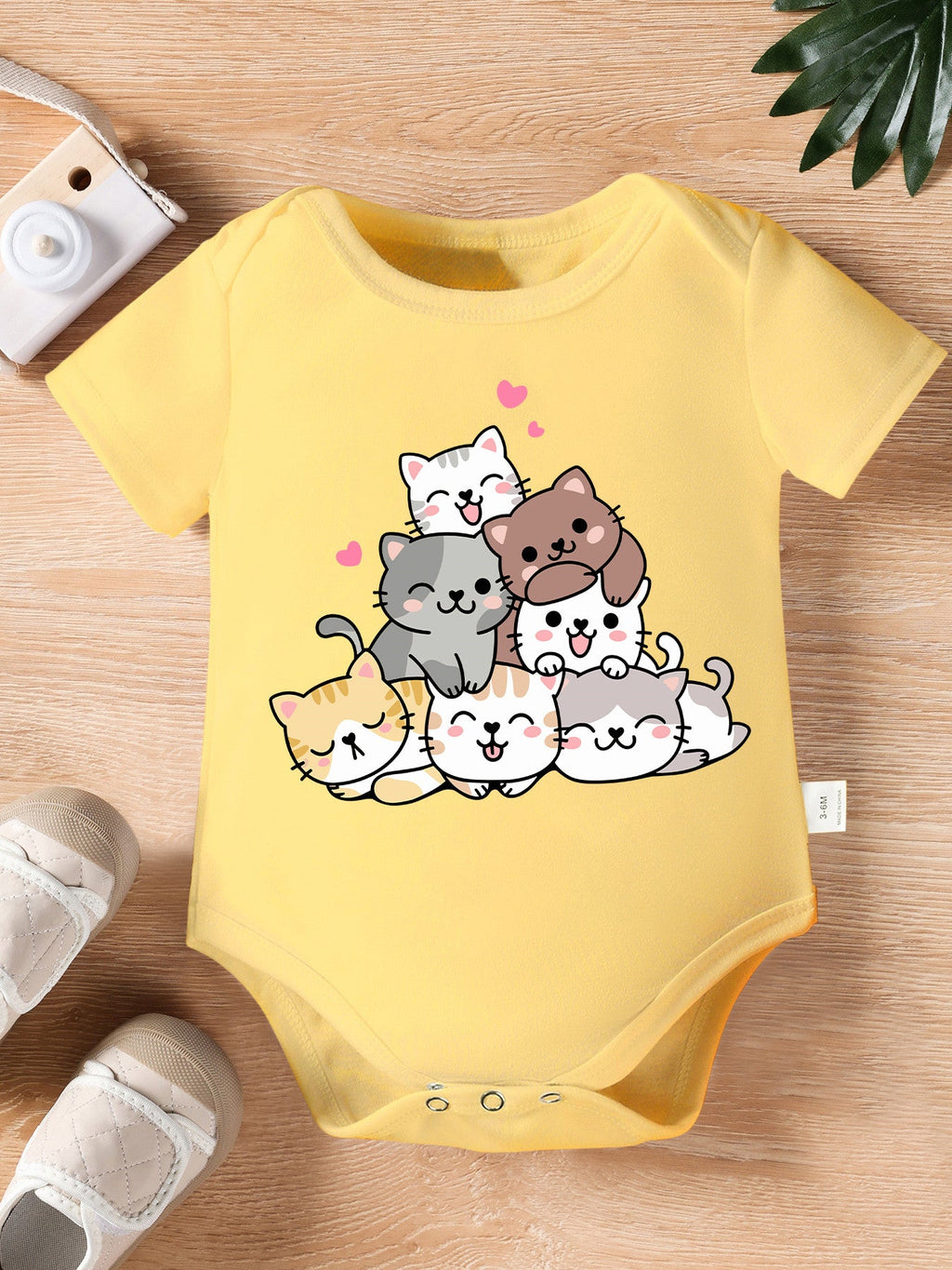 Combinaison à Manches Courtes Mignonne pour Nouveau-né Fille "Amis Chats Amoureux" Imprimé Cartoon Body Triangle Enfant 