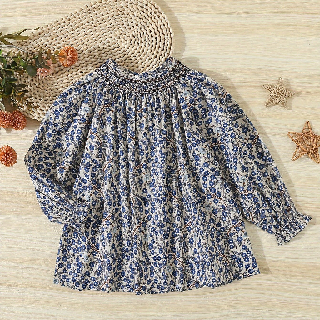Chemise fille à manches longues - motif imprimé - taille smocked — Monptitlou