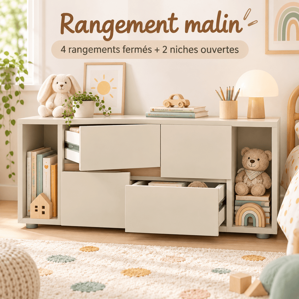 Bibliothèque basse enfant LINOA 4 portes cachemire avec 2 niches — Monptitlou