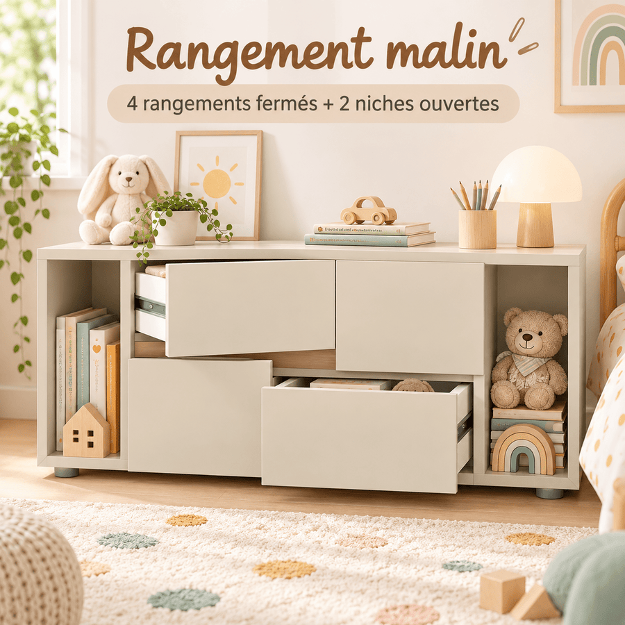 Bibliothèque basse enfant LINOA 4 portes cachemire avec 2 niches — Monptitlou