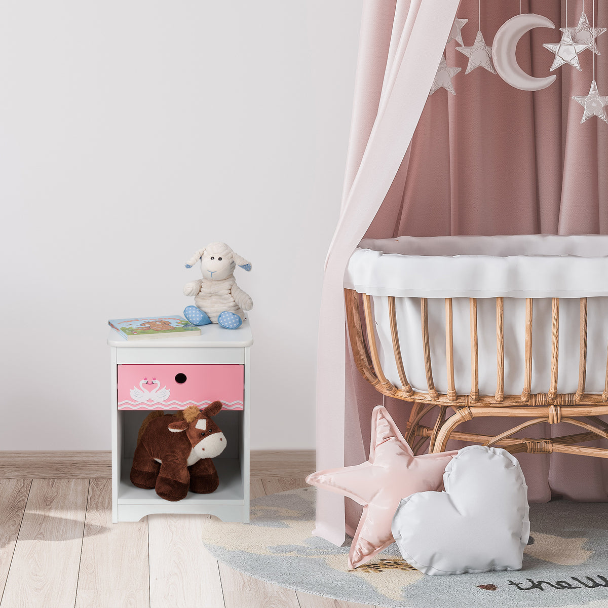 Table de chevet pour enfant « Cygne » en blanc/rose — Monptitlou Image