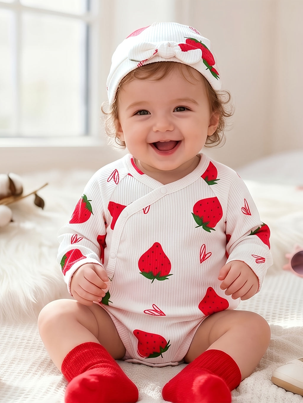 Body Triangle Bébé Fille Fond Blanc Fraise Imprimé Cartoon Volant — Monptitlou