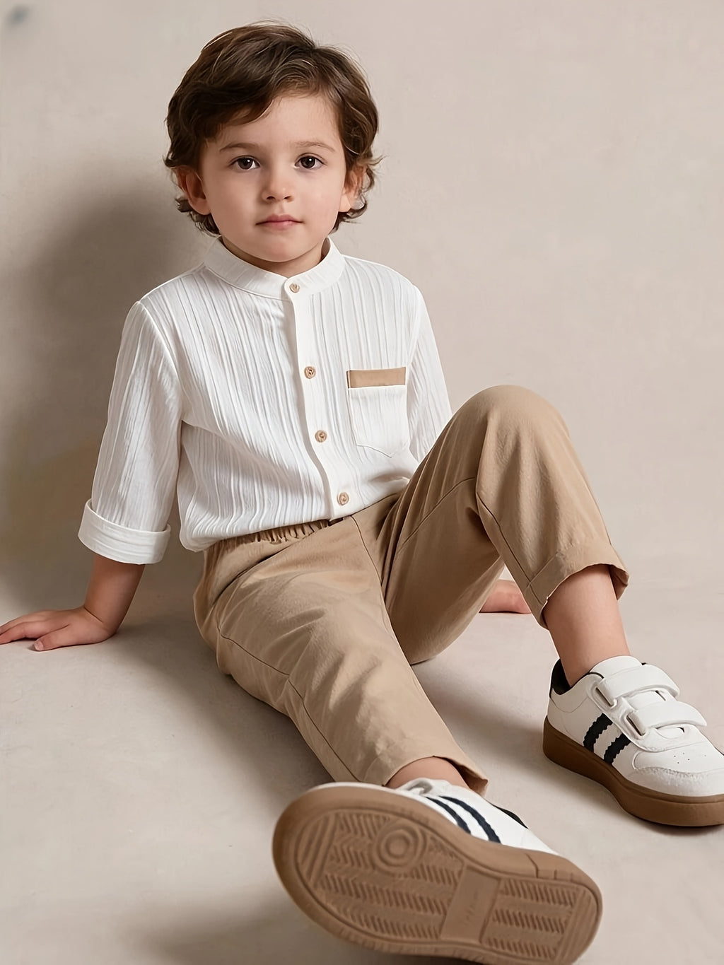 [Idéal été automne] Ensemble chemise à manches longues unie et rayée et — Monptitlou