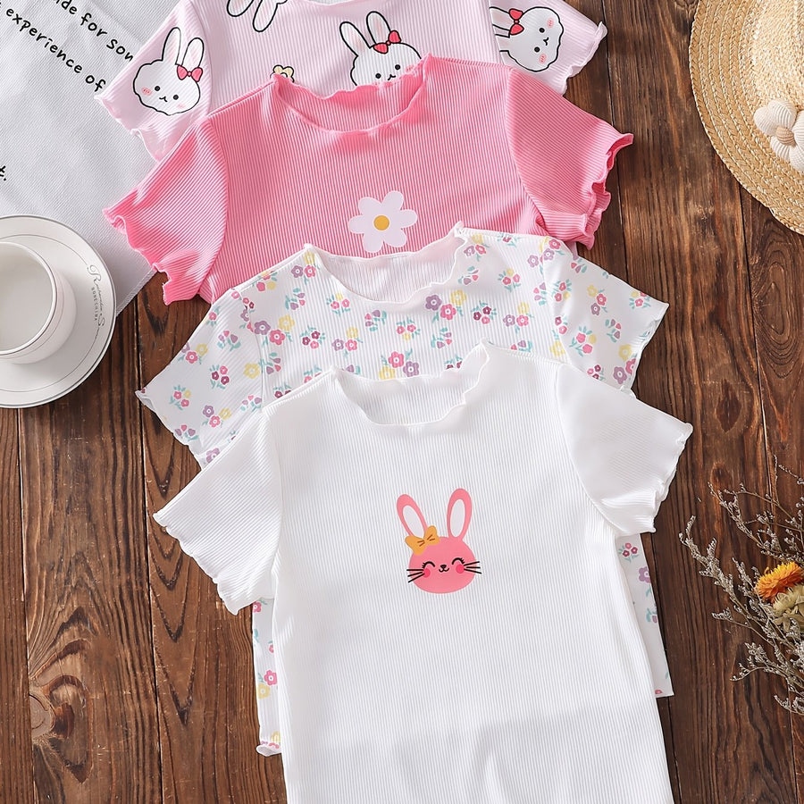 T-shirts manches courtes pour enfants, imprimé lapin et floral — Monptitlou