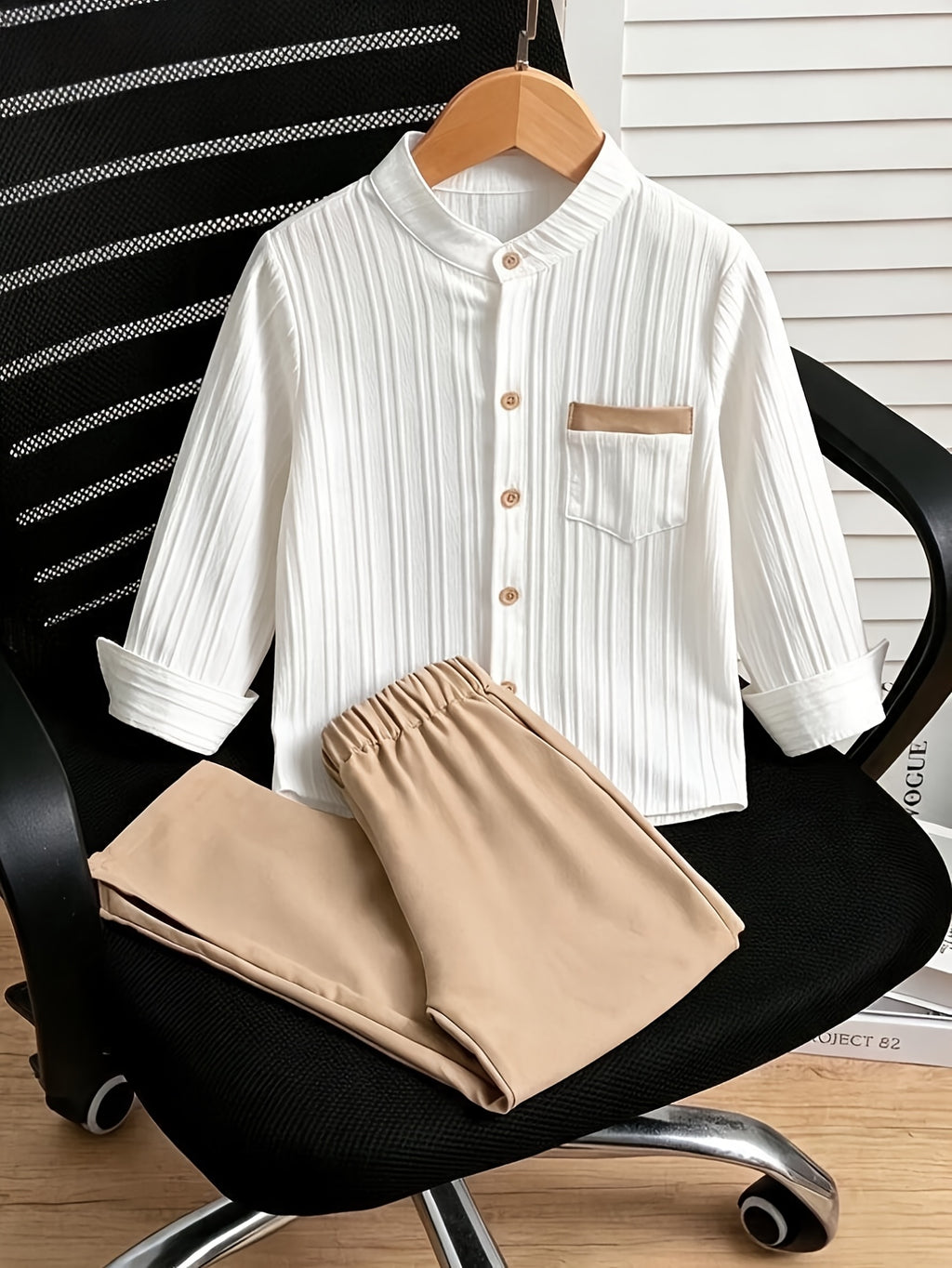 [Idéal été automne] Ensemble chemise à manches longues unie et rayée et — Monptitlou