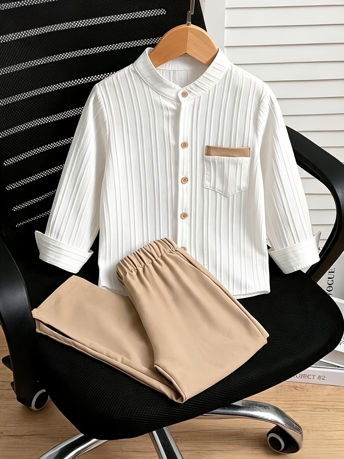 [Idéal été automne] Ensemble chemise à manches longues unie et rayée et — Monptitlou Image