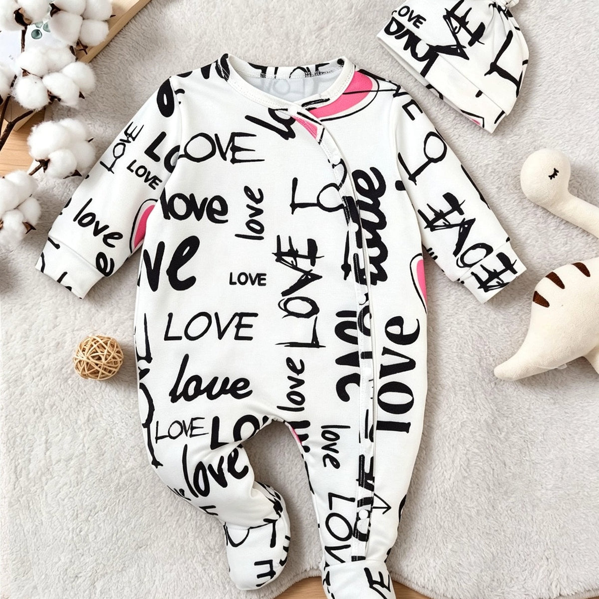 Grenouillère LOVE à pieds avec lettre imprimée et chapeau — Monptitlou Image