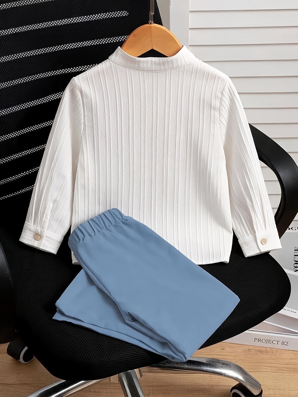 [Idéal été automne] Ensemble chemise à manches longues unie et rayée et — Monptitlou