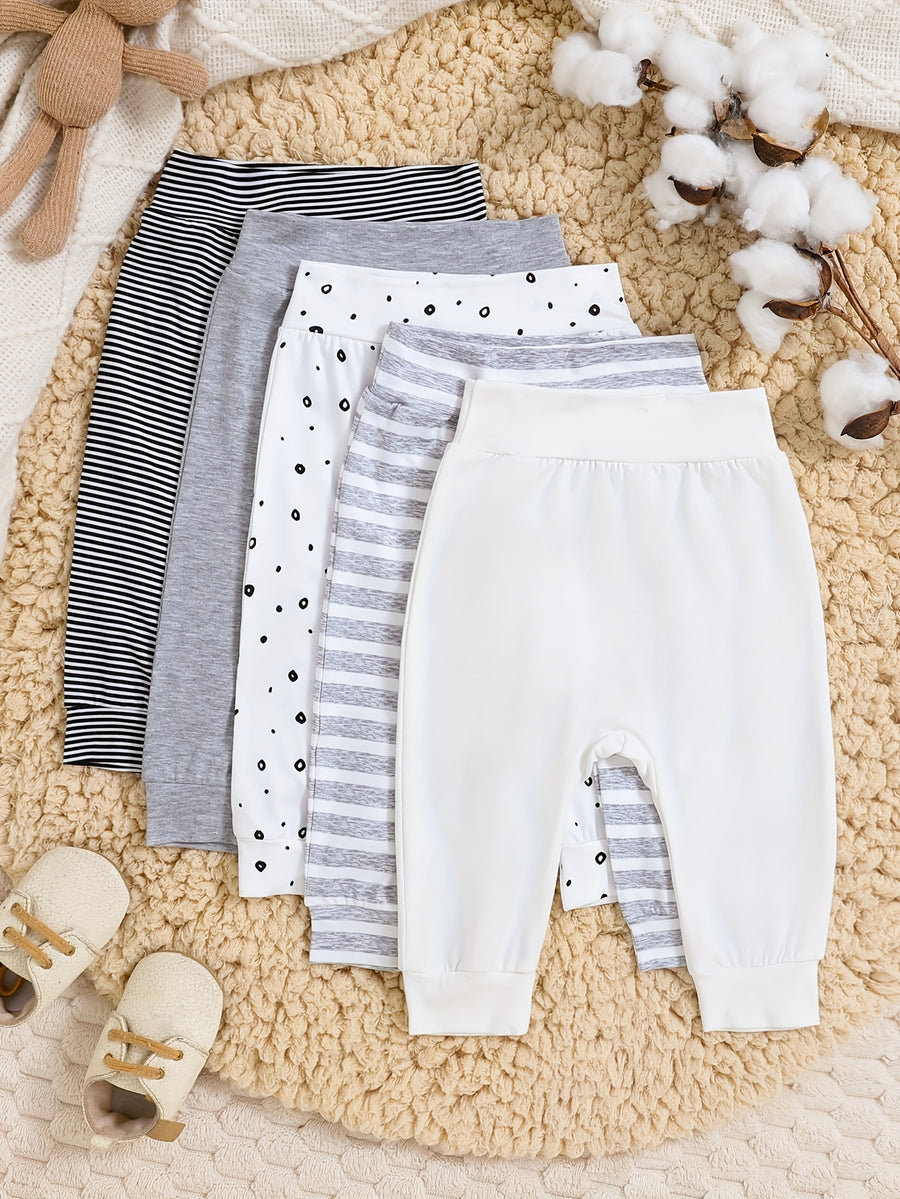 Pantalon Long Unique Bébé, 5pcs Blanc Gris à Pois Rayé — Monptitlou